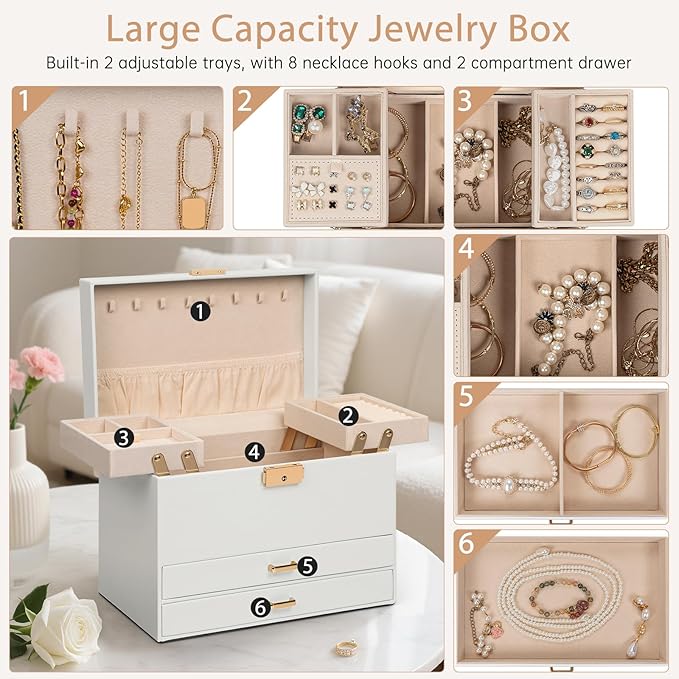 AKOZLIN Travel Jewelry Box Organizer Functional 2-trays Leather Jewelry Storage Case with Lockable Portable 2 Drawers for Women Girls Ring Necklace Earring Bracelet