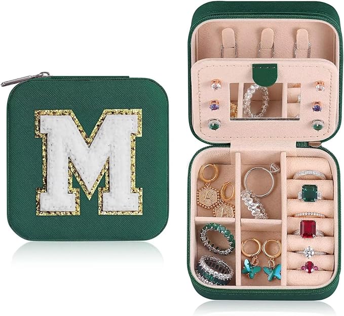 ETHOON Jewelry Travel Case Small Organizer Stocking Box Personalized Gifts Teenage Jewelry Accessories Holiday Christmas Gift for Women Green, Letter M