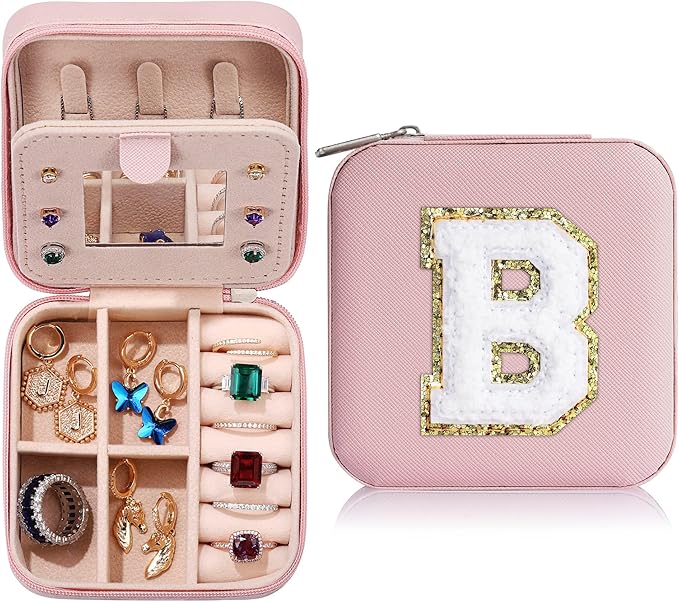 Parima Teen Girl Gifts Trendy Stuff - Travel Jewelry Boxes for Girls, Necklace Earring Organizer, 4-16 Year Old Birthday Gifts for Teen Girls, Christmas Gift for Girl 2026 - Letter B, Pink