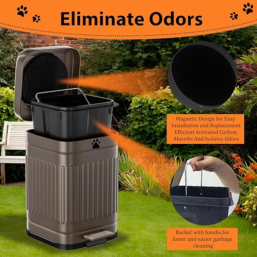 Dog Poop Trash Can Outside, 5L/1.3Gal Metal Dog Waste Trash Can with Lid, Foot Pedal, Pet Waste Container with 40 Bags, Poop Bucket with Lid Soft Close for Pet, Brown