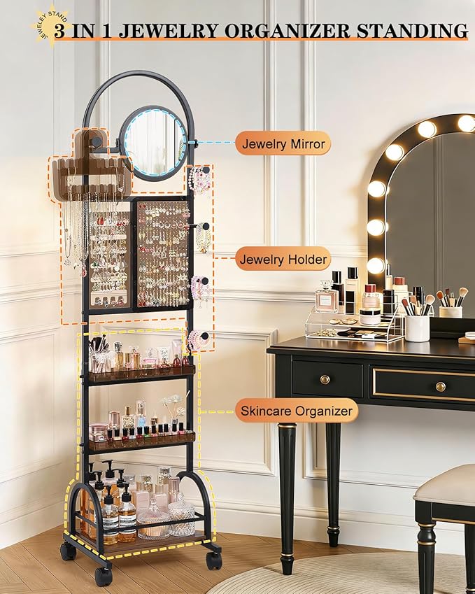 Mirror Jewelry Cabinet Standing, Jewelry Organizer and Storage with Jewelry Mirror, Jewelry Armoire with Earring Organizer Necklace Holder Bracelet Display, Large Tall Stand Up Jewelry Box Stand Tree