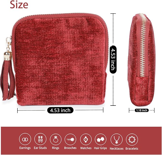 ASINGYER Travel Jewelry Storage Bag for Women, Velvet Portable Jewelry Organizer with Tassel Zipper, Small Pouches for Bracelets Necklaces Rings Earrings, Wedding Gift for Women (Wine red)