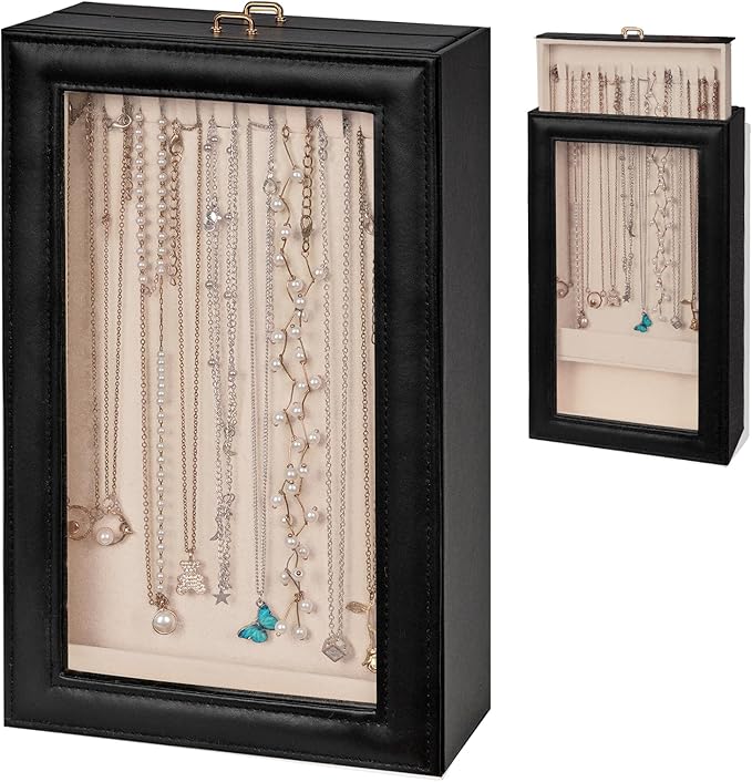 Necklace Organizer Box - 2-Layer Double-Sided Clear Lid Jewelry Storage Case, Anti-Tangle Necklaces Display Holder for Pendants Bracelets, Jewelry Organizer for Women Girls (Black)
