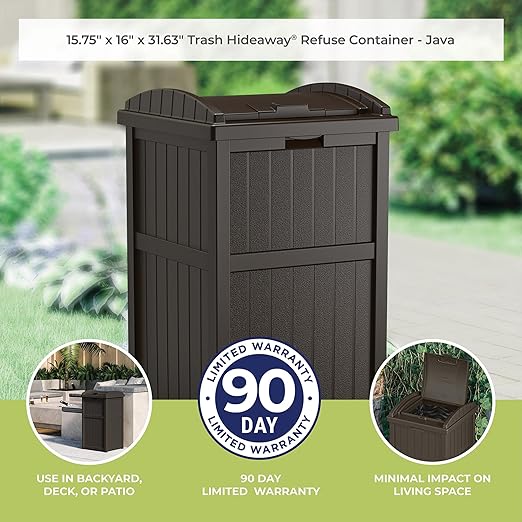 Suncast 3 Pack 33 Gallon Durable Plastic Hideaway Outdoor Garbage Can with Secure Lid & Wicker Design for Home Backyards, Decks, or Patios, Java Brown