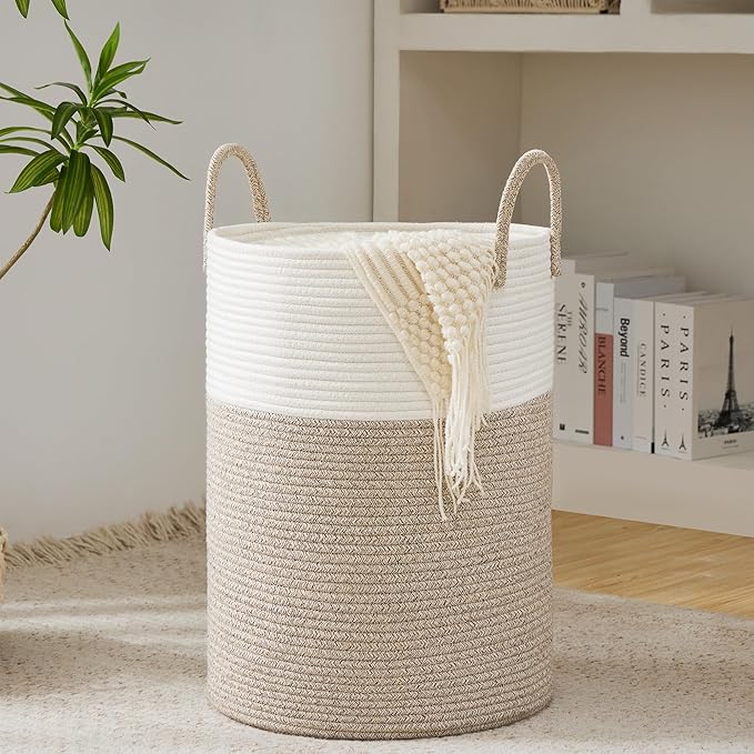 Cotton Rope Laundry Basket by YOUDENOVA, 72L Woven Collapsible Laundry Hamper, Clothes Hamper with Reinforced Handles in the Laundry Room, Bedroom, Bathroom, Brown