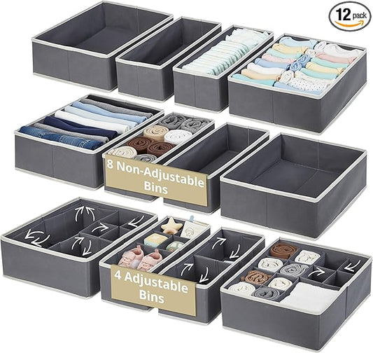 DECOMOMO Drawer Organizer for Baby – 12 Pack Clothes Organizer & Storage Dividers for Nursery, Storage Bins for Underwear, Bra, Socks, Diapers & Newborn Essentials (Grey)