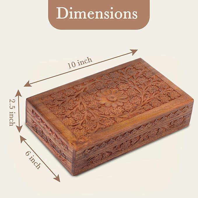 Ajuny Wooden Handcarved Decorative Jewelry Storage Box Flower Design Multipurpose Treasure Chest Keepsake Organizer Necklaces Watch Boxes Great for Gifts 10x6 Inch