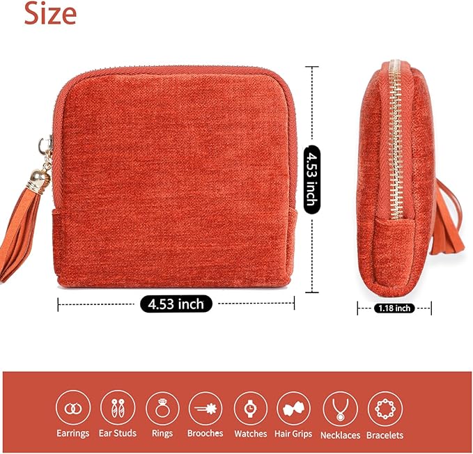 ASINGYER Travel Jewelry Storage Bag for Women, Velvet Portable Jewelry Organizer with Tassel Zipper, Small Pouches for Bracelets Necklaces Rings Earrings, Wedding Gift for Women (orange)
