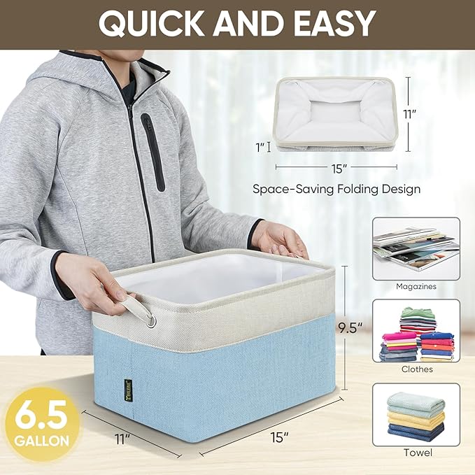 BALEINE 1 Pack Fabric Closet Storage Bins for Shelves, Linen Closet Organizers and Storage, Decorative Baskets for Organizing, Shelf, Clothes, Home, Office (Skyblue, 15''x11''x9.5'')