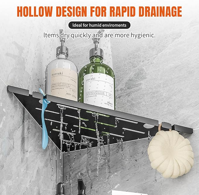 Permanent Tile-in Corner Shower Shelves with Hooks, Modern 304 Stainless Steel Shower Caddy for Bathroom Renovation & Hotel, Heavy Duty No-Drill Grout Mount Organizer for Tile Wall,10", 2 Pack