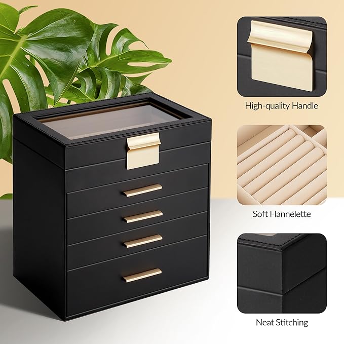 Somduy Jewelry Box, 5 Layers Jewelry Storage Display Box with Glass Lid for Women, 4 Drawers,Large Capacity for Necklace Earrings Bracelets Rings, Black