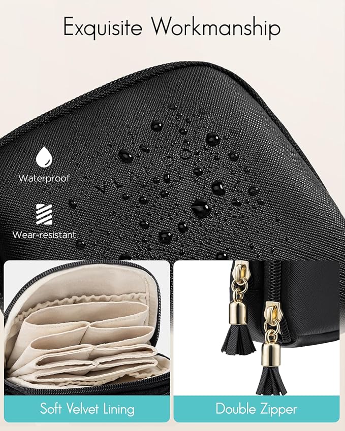 VLANDO Travel Jewelry Case,2-Layer Jewelry Organizer for Travel,Mothers Day Mom Gifts Teacher Gift,Multi-Compartment Jewelry Storage for Rings Earrings Necklaces Bracelets-Black