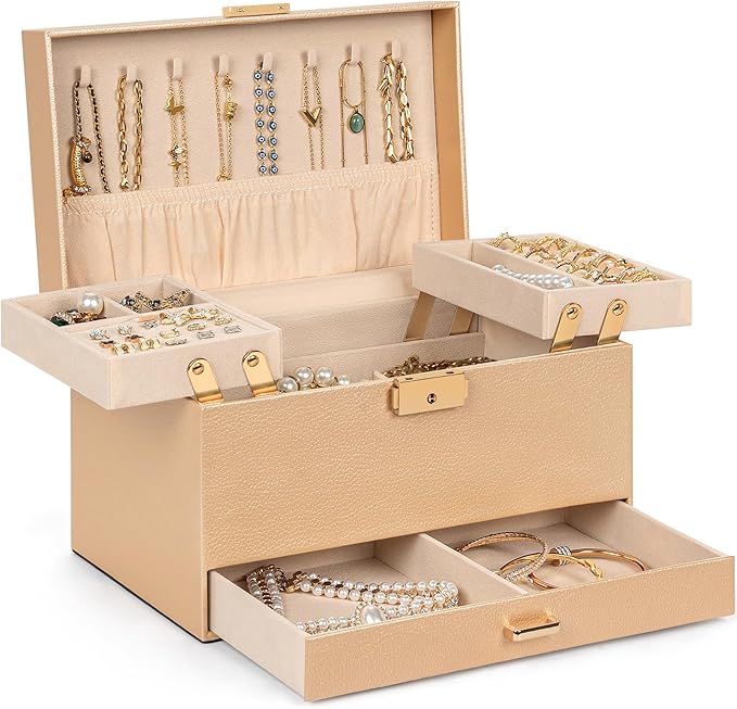 AKOZLIN Travel Jewelry Box Organizer Functional 2-trays Leather Jewelry Storage Case with Lockable Portable Drawer for Women Girls Ring Necklace Earring Bracelet