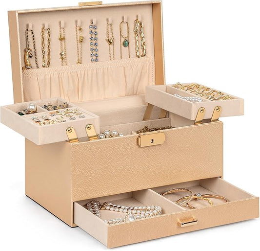AKOZLIN Travel Jewelry Box Organizer Functional 2-trays Leather Jewelry Storage Case with Lockable Portable Drawer for Women Girls Ring Necklace Earring Bracelet
