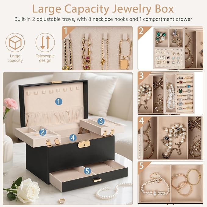 AKOZLIN Travel Jewelry Box Organizer Functional 2-trays Leather Jewelry Storage Case with Lockable Portable Drawer for Women Girls Ring Necklace Earring Bracelet