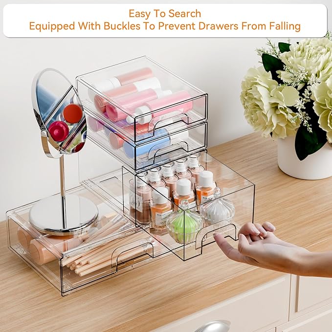Yieach 4 Pack Clear Stackable Storage Drawers,Pull-Out Medicine Cabinet Organizer and Containers,Large Acrylic Organizers Drawers and Bathroom Closet Organizers for Hair Accessories,Makeup Organizer