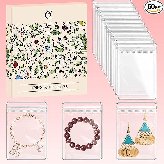 17Dec 50 Large Plastic Jewelry Bags with Zipper, Clear Anti Tarnish Jewelry Bags for Small Business