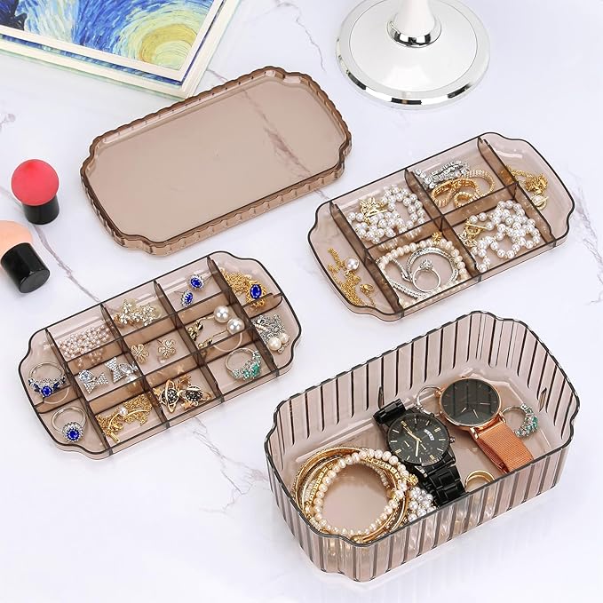 LETURE 3-Layer Jewelry Organizer Box for Earrings, Rings, Necklaces, Bracelets, Clear Plastic Bead Storage Containers for Crafts (Coffee)