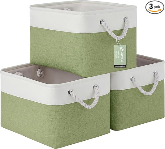 Large Storage Baskets- 15x11x10 inch Storage Bins for Shelves and Closet Organizing, Foldable Fabric Bin for Home Organization Clothes and Laundry (3-Pack, White&Green)