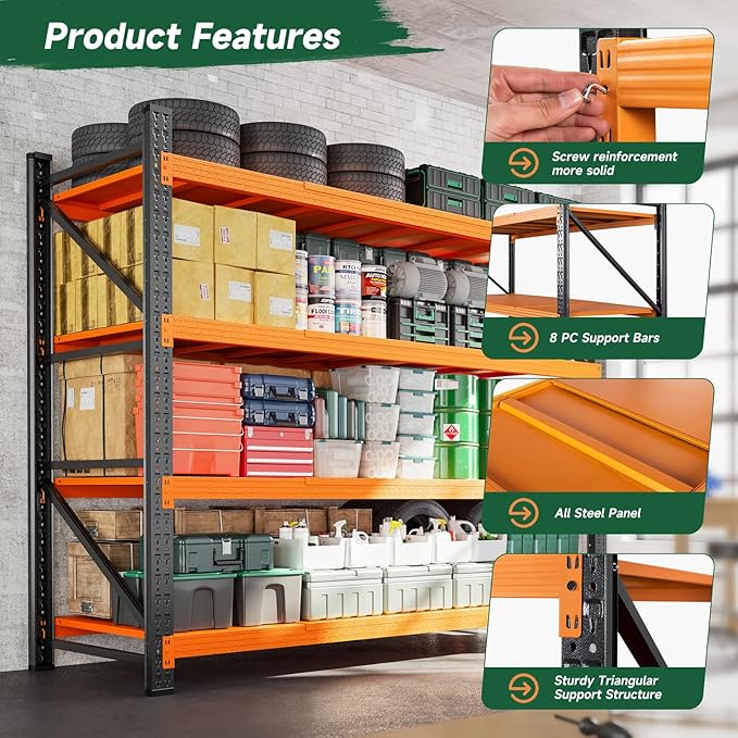 Letaya 71.3" W Metal Storage Shelves,5000LBS Heavy Duty Garage Shelving Units, 4 Tier Adjustable Utility Rack Shelf,Large Industrial Shelves,for Shop,Warehouse,Basement (71.3" W x 24" D x 70" H)