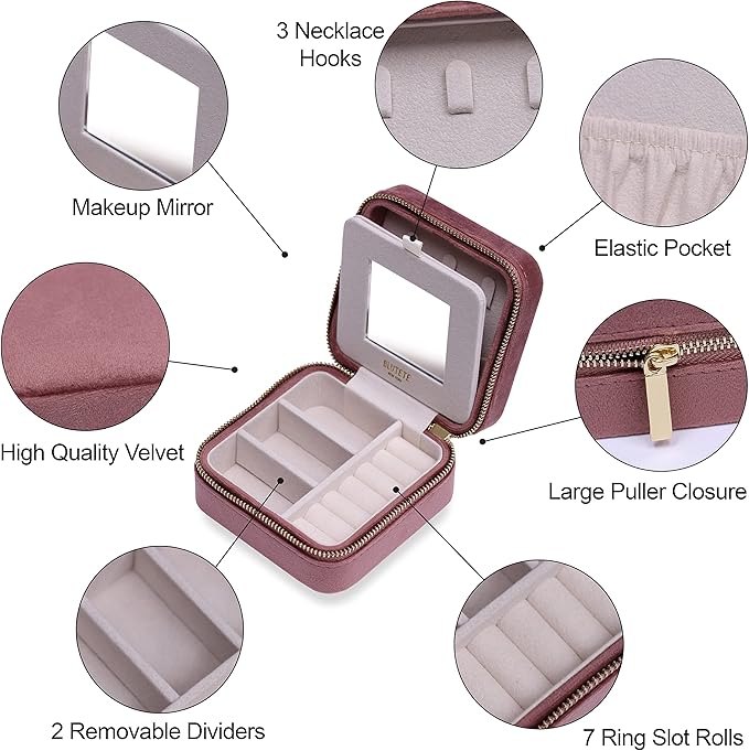 BLUTETE Travel Jewelry Box Organizer Velvet Travel Case With Mirror Ring Earrings Necklaces Storage Organizer Box (Dusty Pink)