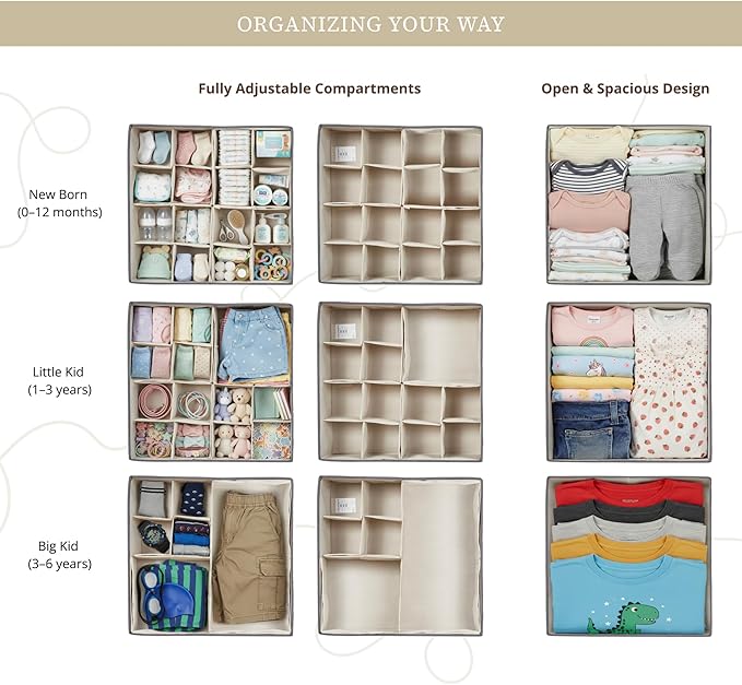 DECOMOMO Drawer Organizer for Baby – 12 Pack Clothes Organizer & Storage Dividers for Nursery, Storage Bins for Underwear, Bra, Socks, Diapers & Newborn Essentials (Beige)