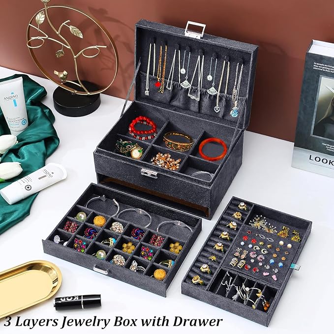 QBestry 3-Layer Jewelry Box for Women with Lock and Key & Drawer, Large Jewelry Organizer with 8 Necklace Hooks & 56 Earring Holes, Grey Velvet Jewelry Storage Box for Necklaces Earrings Ring Bracelet