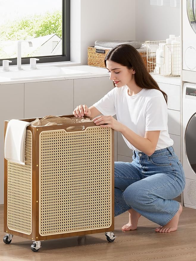 Laundry Hamper with Wheels, Decorative Boho Rattan Laundry Baskets, 90L Large Bamboo Dirty Clothes Basket Organizer, Rolling Wicker Laundry Hampers for Bathroom,Bedroom