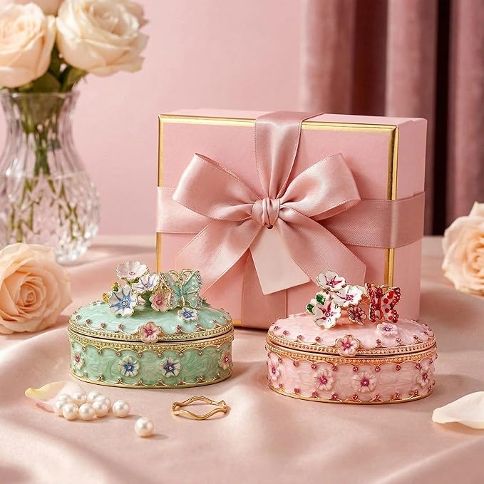 YU FENG Enamel Butterfly Trinket Box Jewelry Organizer, Decorative Hinged Keepsake Box – Green Floral Butterfly Box