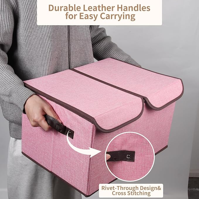 Foldable Fabric Storage Box, 16.5 x 11.8 x 9.8 inches (L x W x H), with Double-Lid & Dividers, Large Organizer for Home, Closet, Office(Pink)