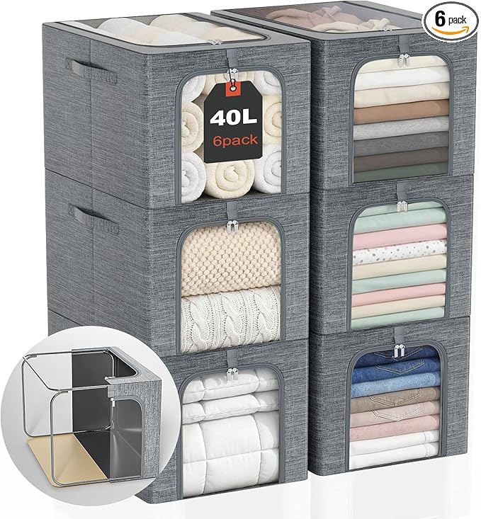 GoMaihe Clothes Storage Bin with Metal Frame: 6-Pack Stackable Closet Storage Bin with Lid & Clear Window, Sweater Boxes Storage for Closet Bedding Clothing Storage Organizer 40L