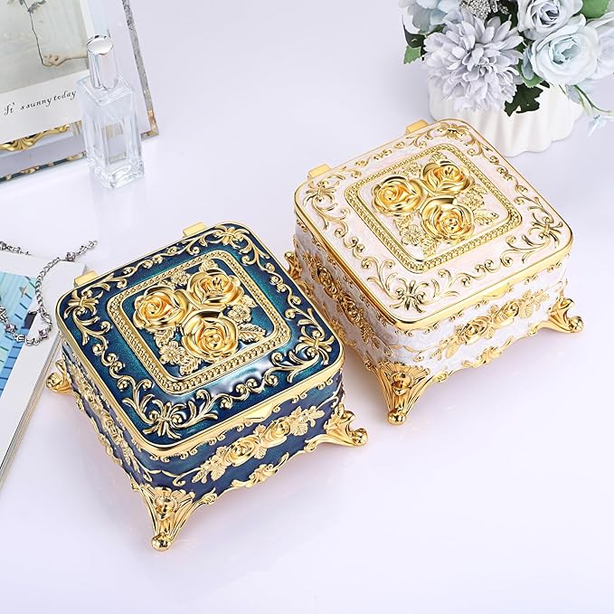 Hipiwe Metal Jewelry Box Decorative Trinket Chest Rectangular Treasure Display Case Keepsake Organizer for Earrings Ring Holder, Blue, 5.1" L x 5.1" W x 3.1" H