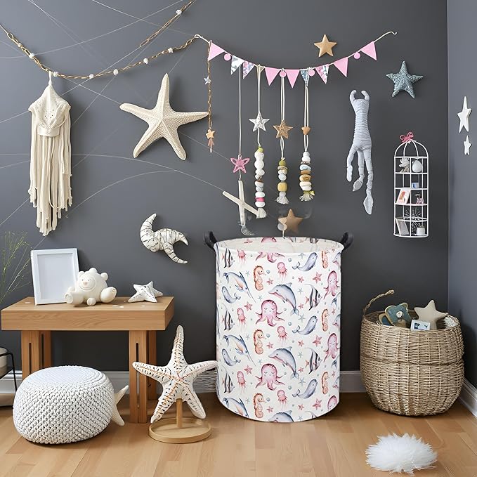 HIYAGON Baby Laundry Basket Baby Hamper for Nursery Girl Kids Ocean Hamper Cute Kids Toys Storage Bin Organizer Pink Room Decor for Home(Pink Ocean)