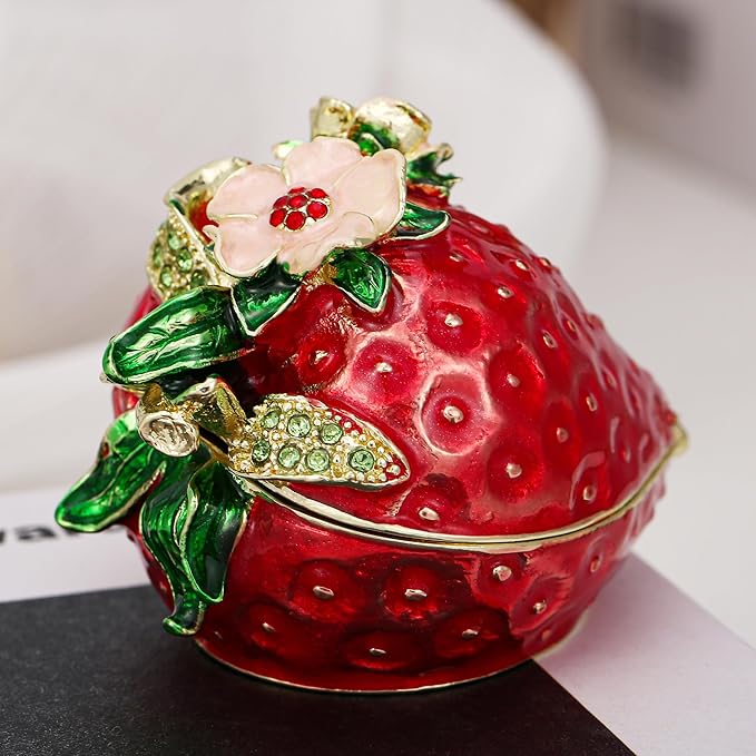 Hand Painted Fruit Trinket Box for Home Decor, Hinged Jewelry Organizer Storage, Unique Personalized Collectible Keepsake Figurine Handmade Decorative Ornament Gifts (Strawberry)