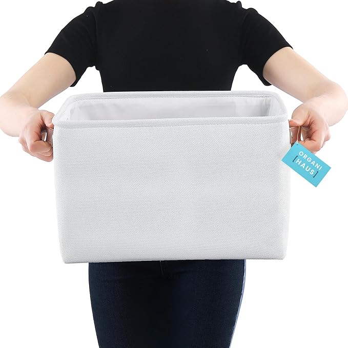 OrganiHaus Large Fabric Storage Baskets for Shelves 3 Pack, 15x11in Closet Storage Bins, Canvas Storage Bin for Organizing, Cloth Baskets, Linen Closet Organizers, Off-White