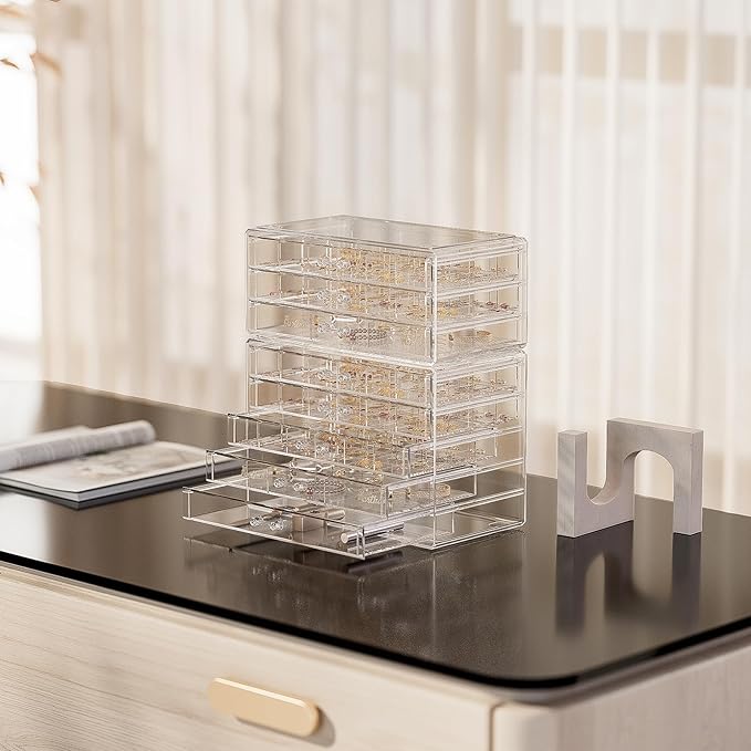 ProCase Acrylic Earrings Holder Organizer Box, Large Clear Earring Jewelry Storage Transparent Stackable Drawers Jewelry Display for Earring Ring Bracelet -Clear, 8 Layers