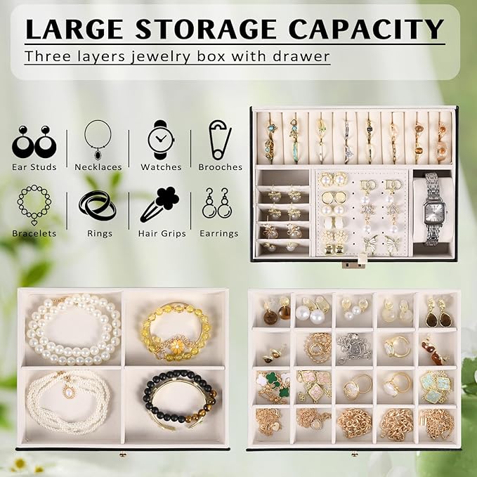3 Layer Jewelry Boxes for Women with Mirror Large Jewelry Holder Organizer with 2 Jewelry Organizer Drawer PU Lockable Elegant Unique Gifts for Women, Black