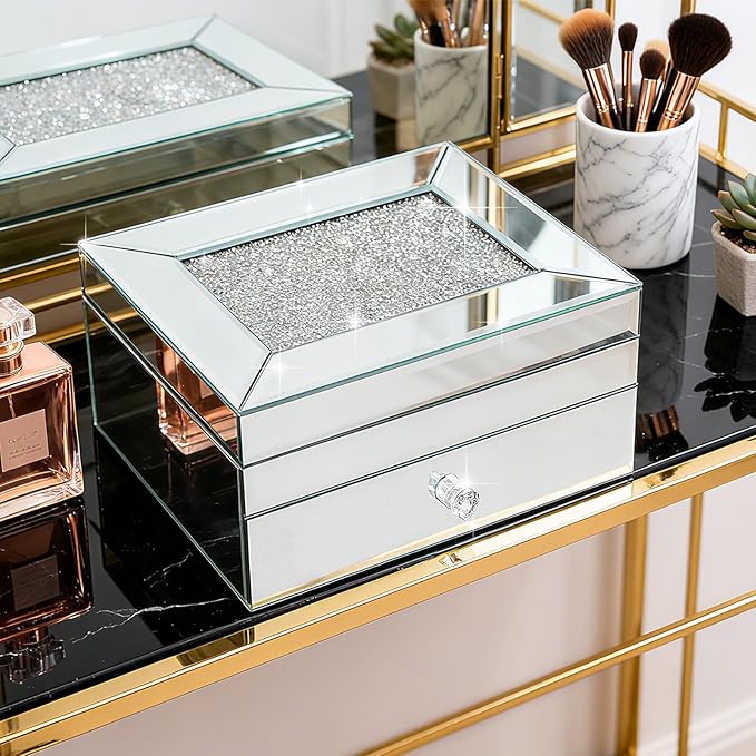 2 Layer Mirror Glass Jewelry Box with Crushed Diamond Decor, Velvet-Lined Trinket Organizer for Rings Earrings Necklaces Bracelets - Elegant Treasure Chest Storage Case for Women Girls