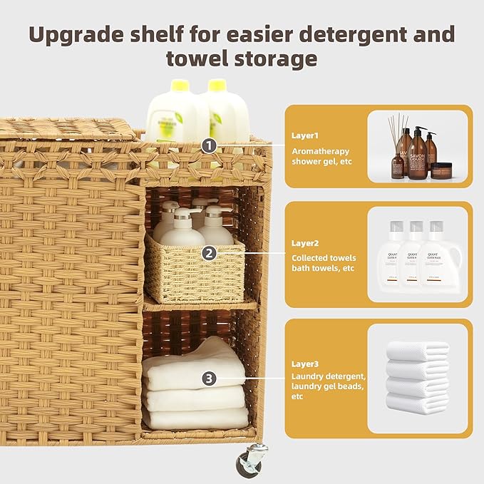 Laundry Hamper with Lid, 160L Rattan Wicker Laundry Basket with Wheels, Handwoven Laundry Hamper 3-Section with Storage shelf(42.3 Gal), Laundry Sorter Basket with Removable Liner, Natural HLH033N