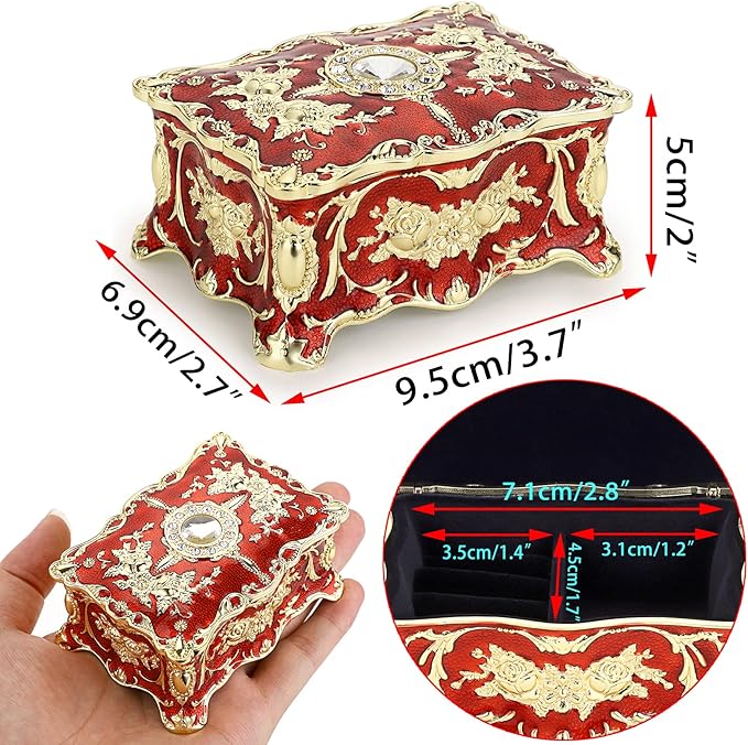 Hipiwe Vintage Jewelry Box, Small Enameled Trinket Box Organizer Rectangular Treasure Chest Box Jewelry Decorative box Keepsake Gift Box Case for Women,3.7x 2.7x 2 inch