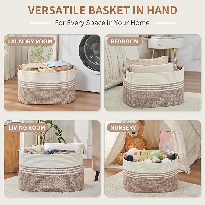 Large Woven Laundry Basket Hamper, 72L Cotton Rope Storage Bin for Blankets, Toys, Clothes, Decorative Nursery Hamper for Living Room, Baby Nursery, Bathroom, Bedroom, Kids Storage, Light Brown