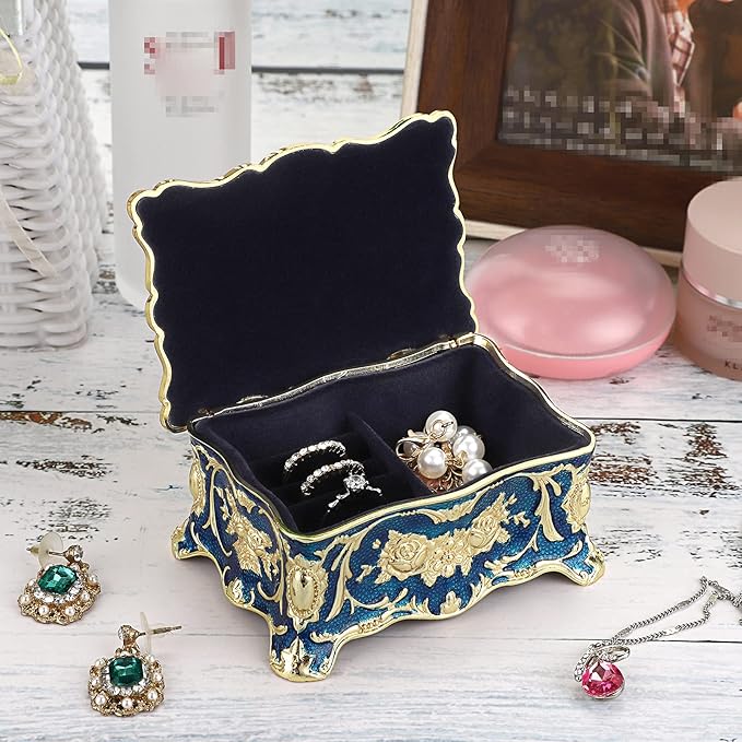 Hipiwe Vintage Jewelry Box, Small Enameled Trinket Box Organizer Rectangular Treasure Chest Box Jewelry Decorative box Keepsake Gift Box Case for Women,3.7x 2.7x 2 inch