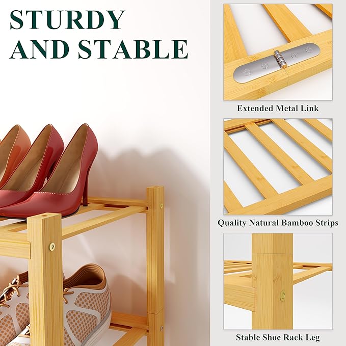 Smiry Shoe Rack, 5 Tier Long Bamboo Shoe Organizer, Stackable Free Standing Wooden Shoe Storage Shelf for Closet, Entryway, Front Door Entrance, Natural