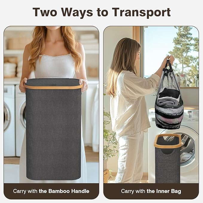 Bathola 75L Slim Laundry Hamper with Lid, Dirty Clothes Hampers for Laundry, Collapsible Laundry Baskets for Small Spaces, Bedroom, Bathroom, Laundry Room, Dark Grey