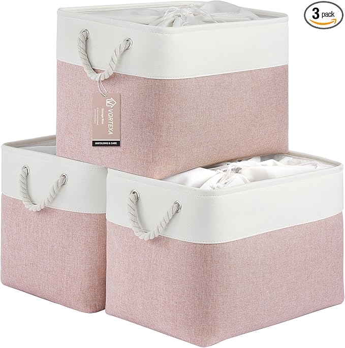 Large Storage Baskets- 16x12x12 inch Storage Bins for Shelves and Closet Organizing, Foldable Fabric Bin for Home Organization Clothes and Laundry (3-Pack, White&Pink)