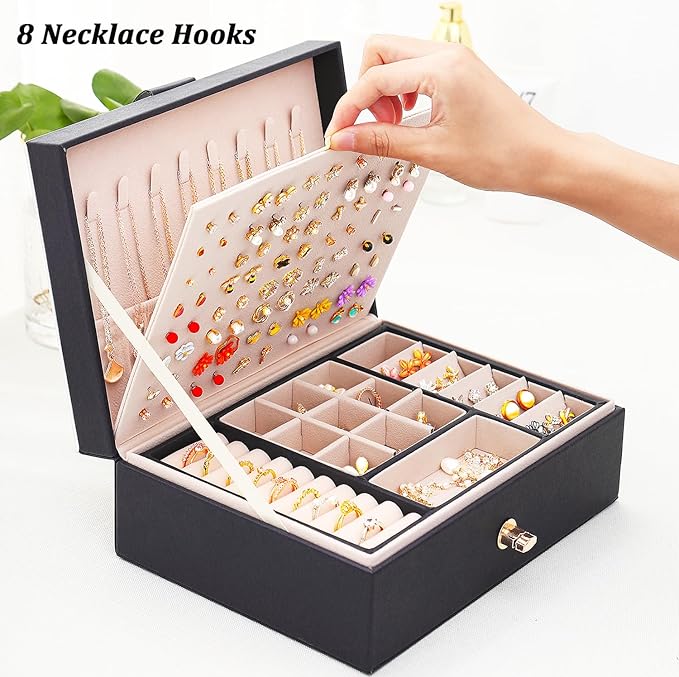 Earrings Jewelry Box for Girls, Large Capacity Jewelry Organizer with 40-Pair Earring Board, 2-Layer Leather Jewelry Storage Box for Necklaces Rings Bracelets with Removable Tray(Gift Idea),Black
