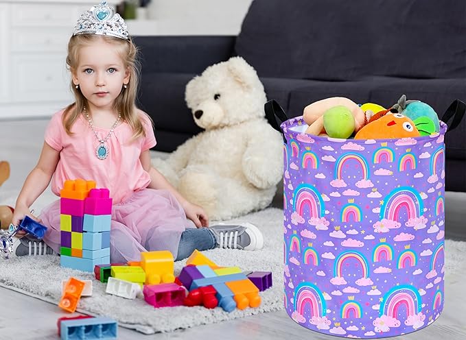Collapsible Kids Laundry Basket Clothes Hamper, Foldable Storage Organizer Bin, Toy Clothes Storage with Handles for Boys Girls Bedroom, Room Decor Purple Rainbown