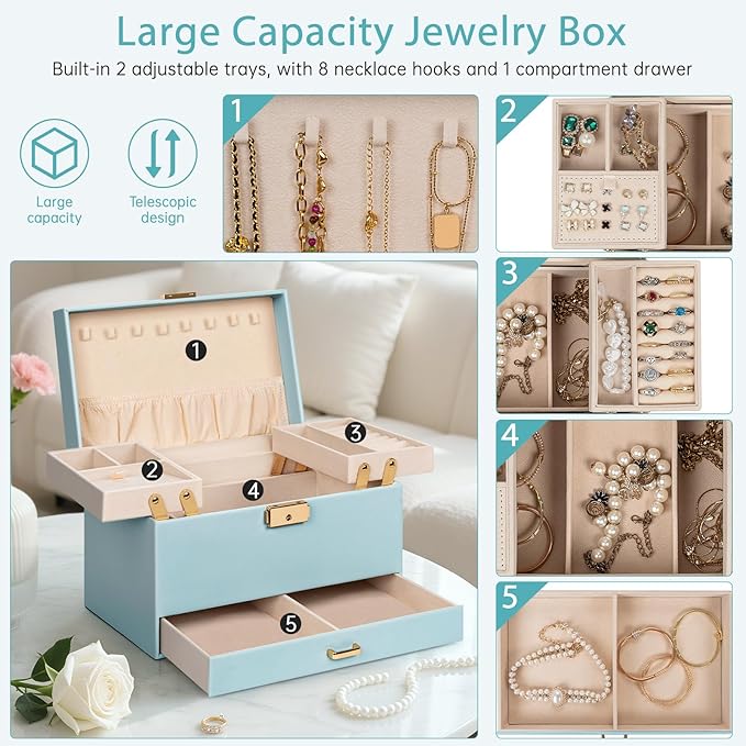 AKOZLIN Travel Jewelry Box Organizer Functional 2-trays Leather Jewelry Storage Case with Lockable Portable Drawer for Women Girls Ring Necklace Earring Bracelet