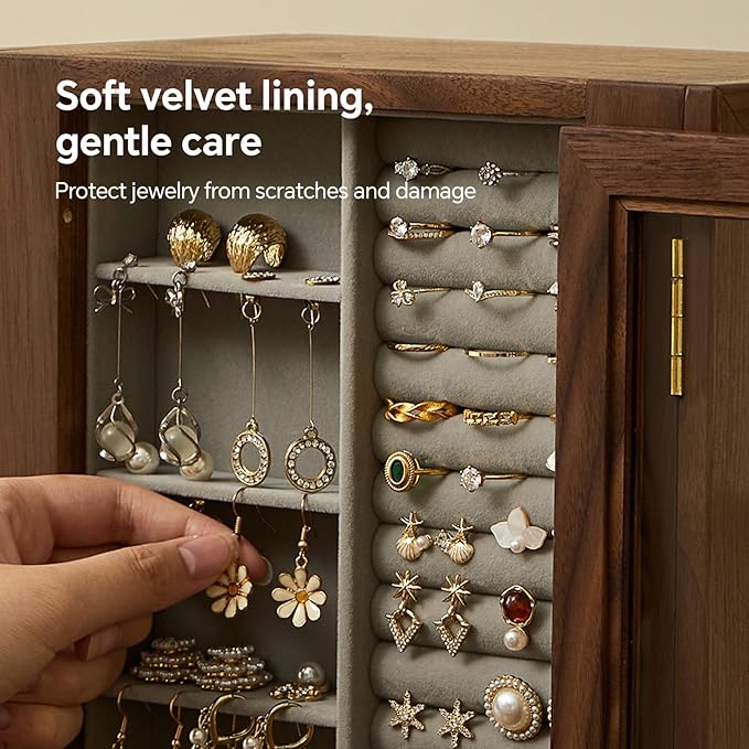 Wooden Jewelry Box for Women, 360 Rotating Design,Large Jewelry Organizer with Velvet Lining, 5 Drawers, Transparent Glass Doors, Black Walnut Wood Grain, Jewelry Storage Organizer