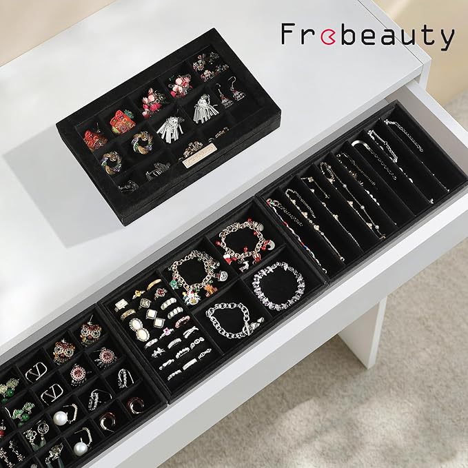 Frebeauty Stackable Jewelry Trays, Velvet Drawer Jewelry Organizer with Glass Lid,5 in 1 Multi-Functional Jewelry Storage for Earrings Necklaces Rings, 10.5 x 6.5 x 5.55 Inches Gift for Women(Black)